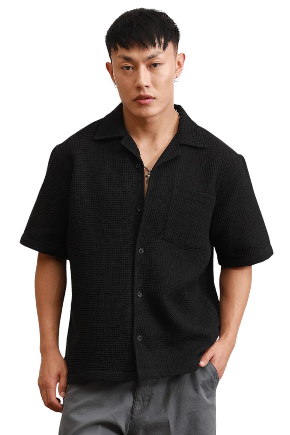 Hubberholme Black Cotton Spread Collar Short Sleeves Solid Oversized Shirts