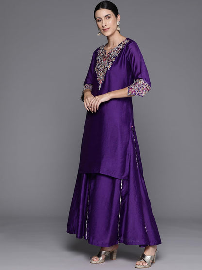 Varanga Women Floral Embroidered Straight Kurta With Palazzo And Fringed Dupatta  Violet Yoke & Border Embroidery, Round Neck Wi