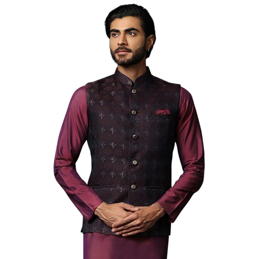 Kisah MenS Nehru Jacket Maroon Ethnic Festive Waistcoat Cotton, Regular Fit