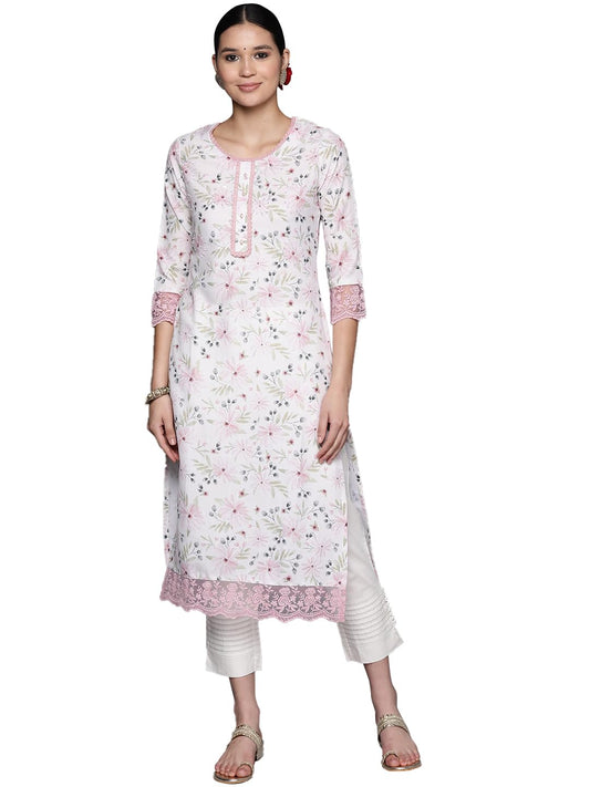 Libas Off White Embellished Cotton Straight Kurta