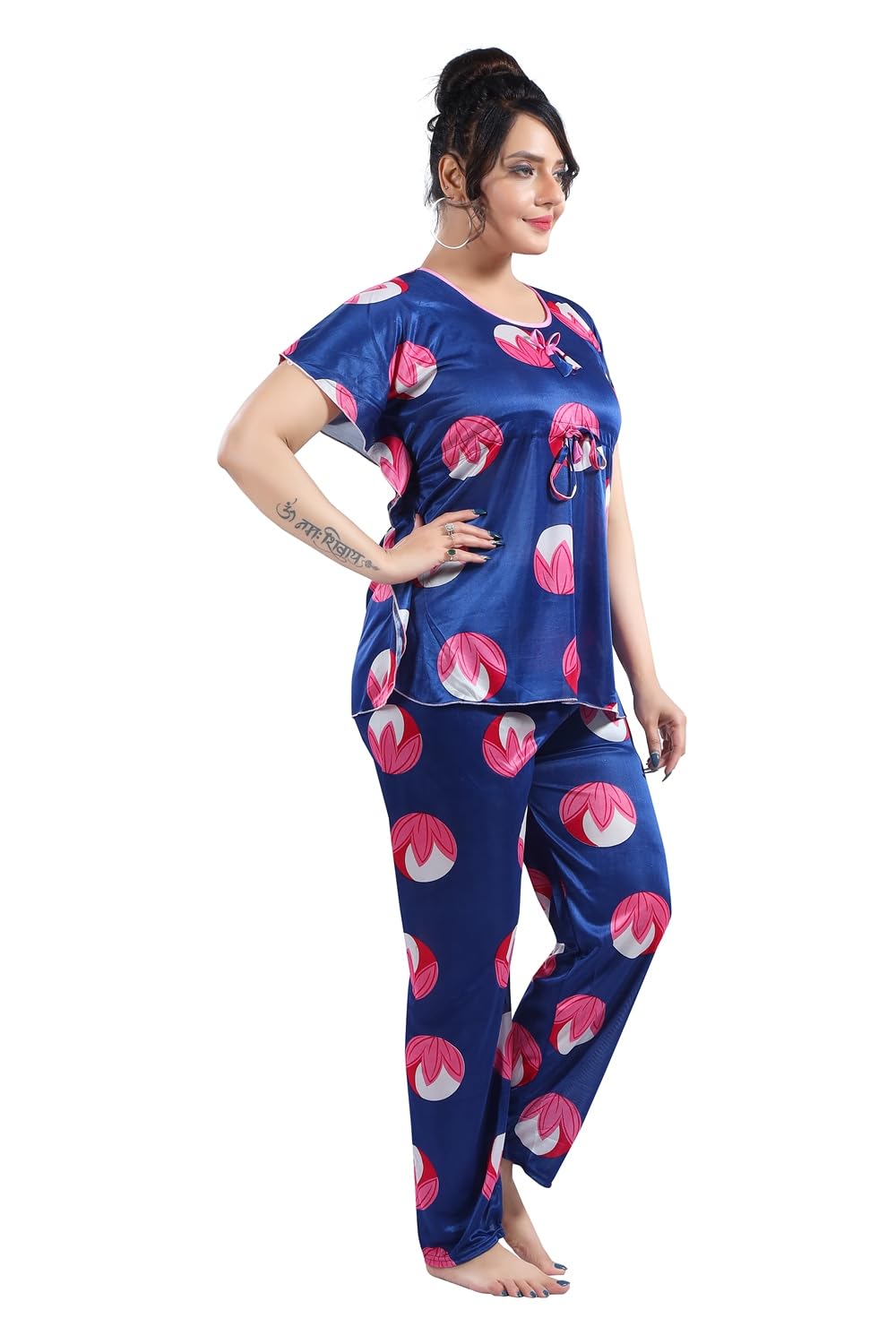 Fabme WomenS Satin Blue Printed Kaftan Top & Pyjama Set