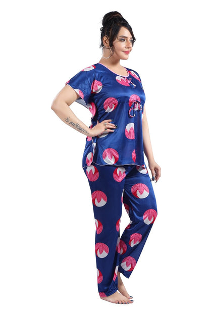 Fabme WomenS Satin Blue Printed Kaftan Top & Pyjama Set