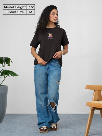 The Souled Store Inside Out: Fight Me Women and Girls Short Sleeves Round Neck Brown Embroidered Cotton Relaxed Fit T-Shirts