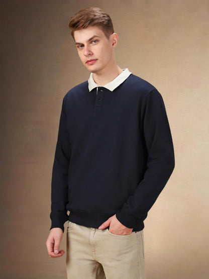 Dennis Lingo Men Solid Polycotton Regular-Fit Full Sleeves Pullover Sweatshirts Navy Blue