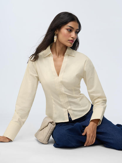 The Souled Store Corset Shirt: Off-White Women and Girls Long Sleeves Collared Neck Button Front Fitted Shirts
