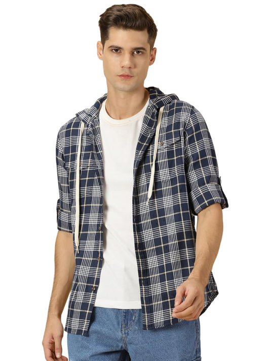 Thomas Scott Tartan Checked 100% Cotton Shirt Hoodie for Mens Indigo