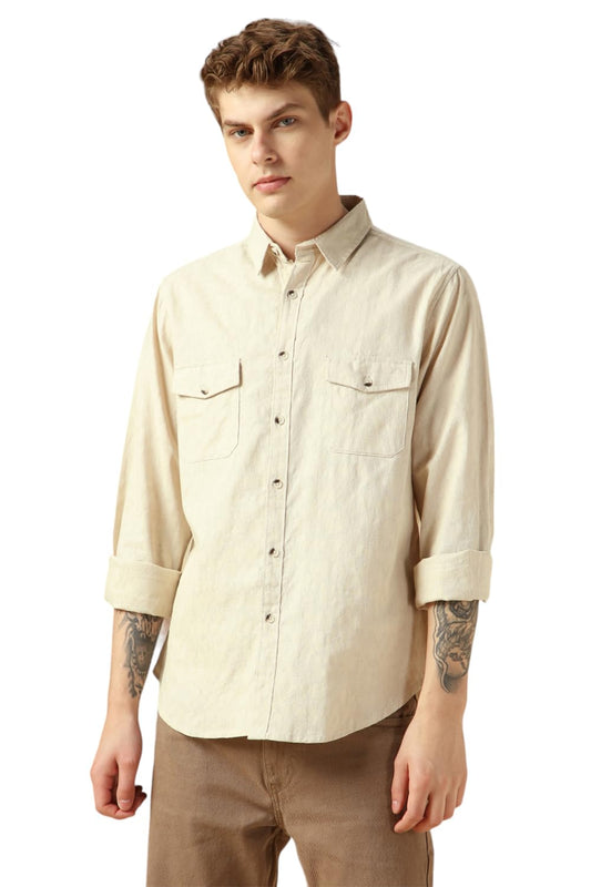 Dennis Lingo MenS Beige Cotton Spread Collar Long Sleeves Solid Shirts