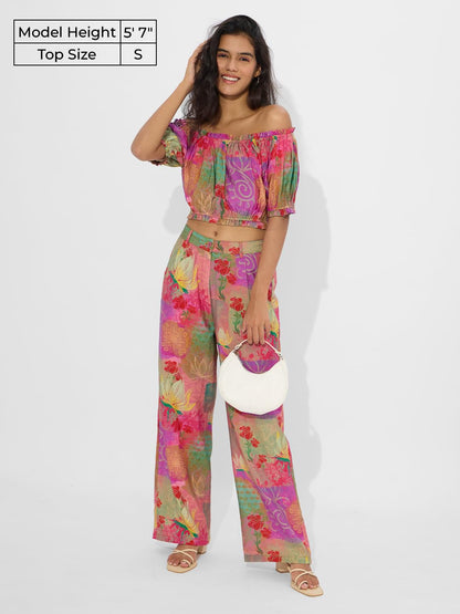 The Souled Store Faded Rose Women and Girls Off Shoulder Short Sleeves All Over Printed Viscose Blend Regular Fit Cropped Tops