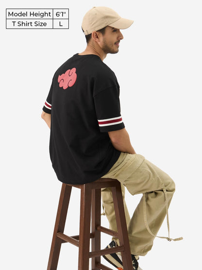 The Souled Store Official Naruto: Akatsuki Short Sleeve Round Neck Black Puff Printed Cotton Oversized T-Shirts for Men & Boys