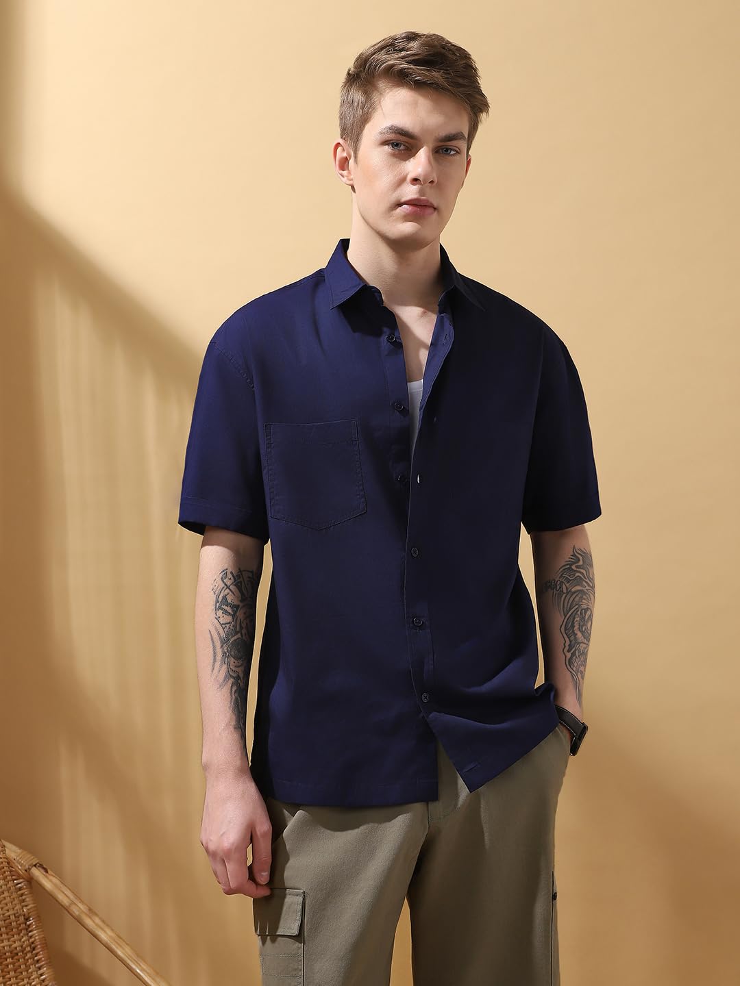 Dennis Lingo Men Relaxed Fit Navy Blue Half Sleeves Cotton Casual Shirt