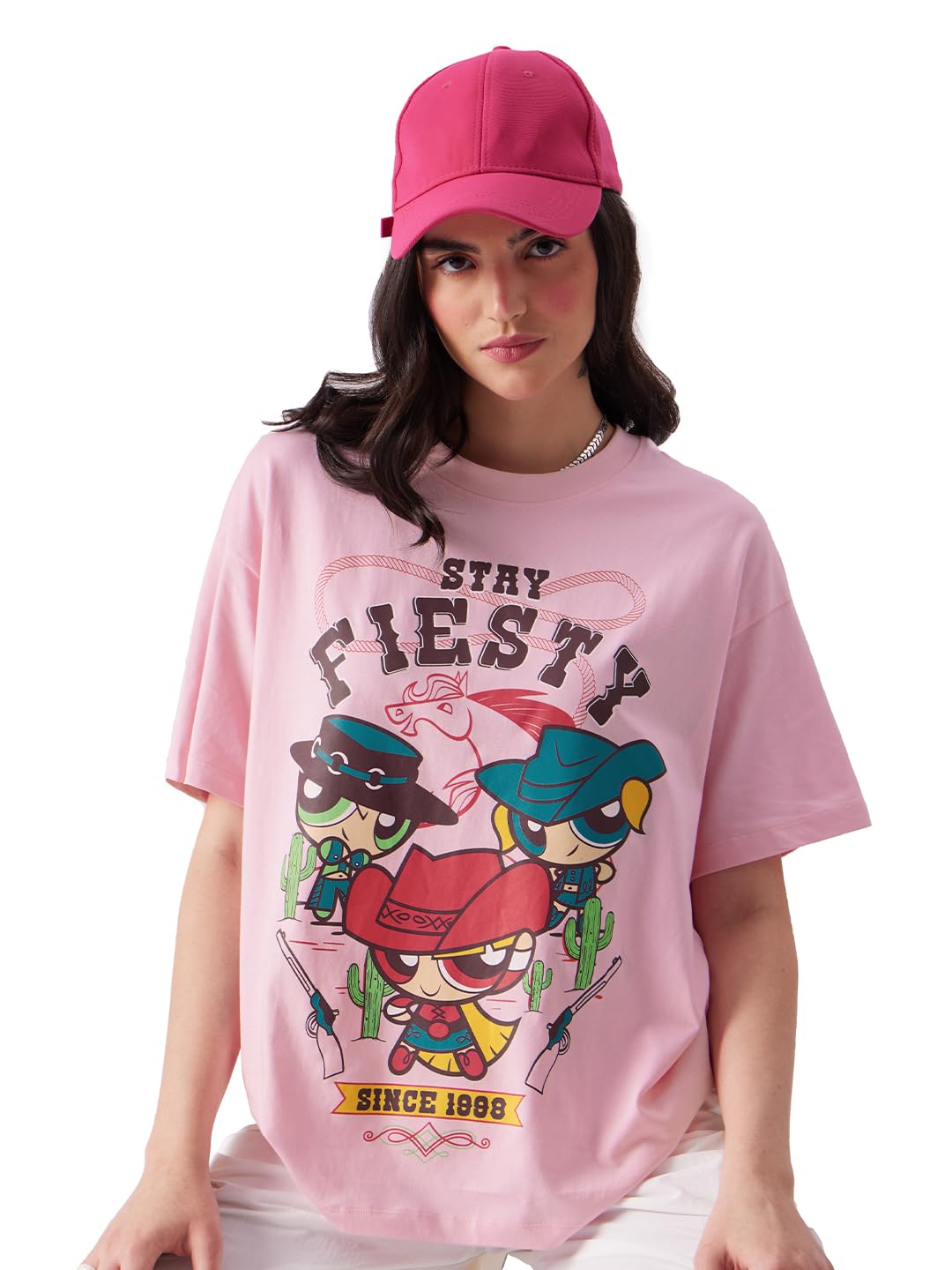 The Souled Store Powerpuff Girls: Stay Fiesty Womens Oversized Fit Graphic Printed Half Sleeve Cotton Pink Women Oversized T-Shi