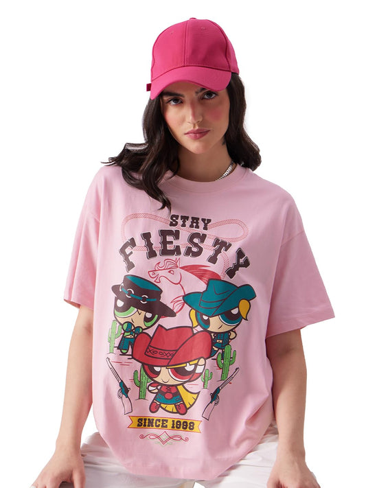 The Souled Store Powerpuff Girls: Stay Fiesty Womens Oversized Fit Graphic Printed Half Sleeve Cotton Pink Women Oversized T-Shi
