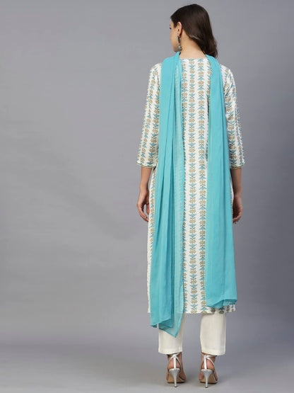 GoSriKi Women's Cotton Blend Straight Printed Kurta with Pant & Dupatta (April-Sky Blue-CGD-GS)