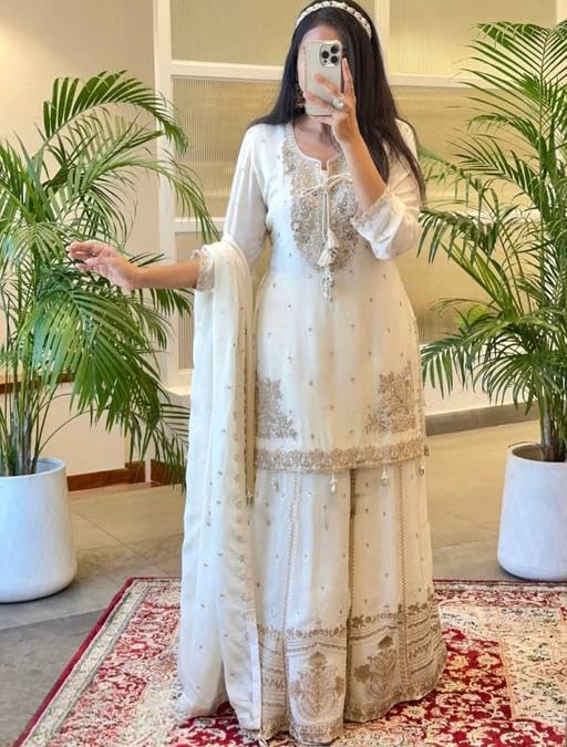 Anveri Textiles Silk Off-White Embroidered Kurta Set For Women  Includes Embroidered Bottom & Dupatta, 3/4Th Sleeve, Traditional