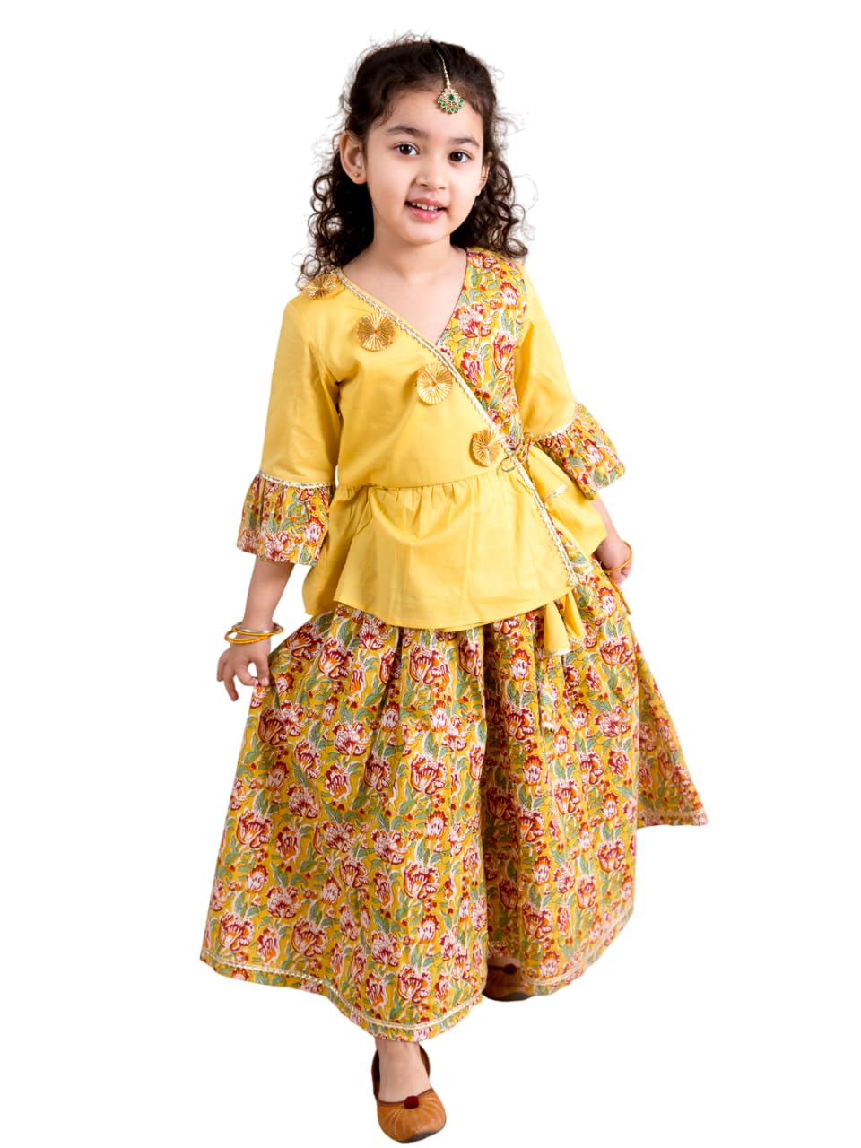 Pspeaches Girls Mustard Yellow Floral Printed Angrakha Pure Cotton Kurti With Palazzos