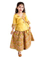 Pspeaches Girls Mustard Yellow Floral Printed Angrakha Pure Cotton Kurti With Palazzos
