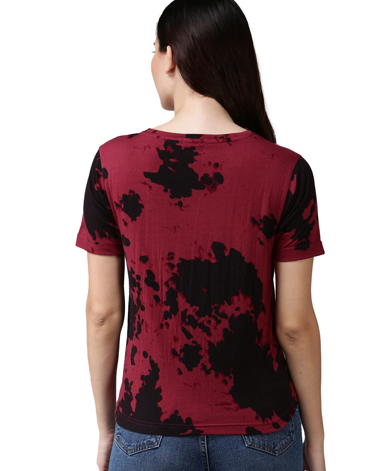 Juneberry Pure Cotton Regular Fit Half Sleeves Round Neck Maroon Tie & Dye T-Shirt For Women