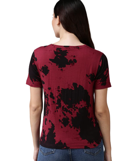 Juneberry Pure Cotton Regular Fit Half Sleeves Round Neck Maroon Tie & Dye T-Shirt For Women