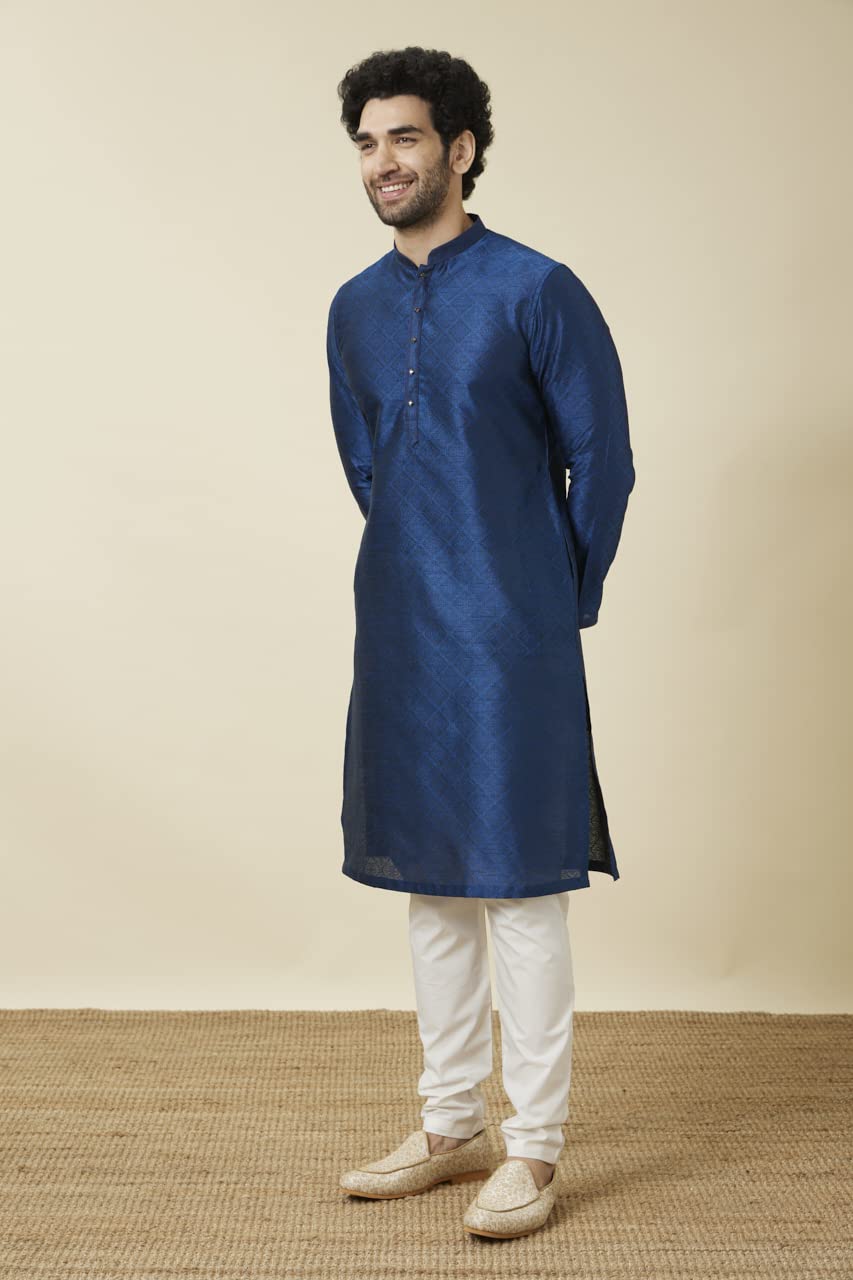 Manyavar Mens Art Silk Self Design Full Sleeves Knee Length Kurta Set (Blue, L)