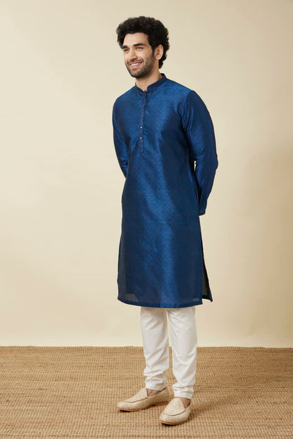 Manyavar Mens Art Silk Self Design Full Sleeves Knee Length Kurta Set (Blue, L)