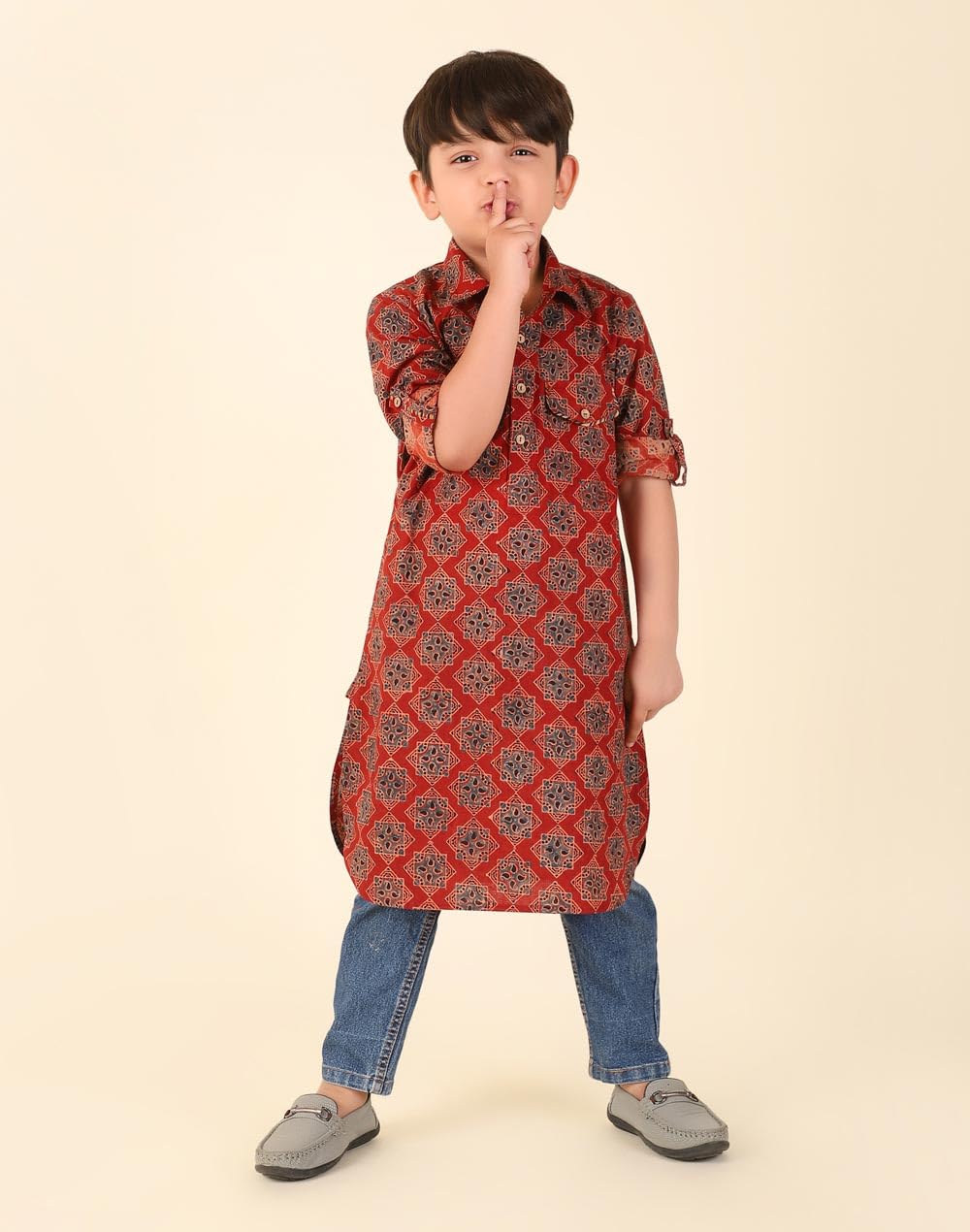Fabindia Red Cotton Ajrakh Printed Long Kurta