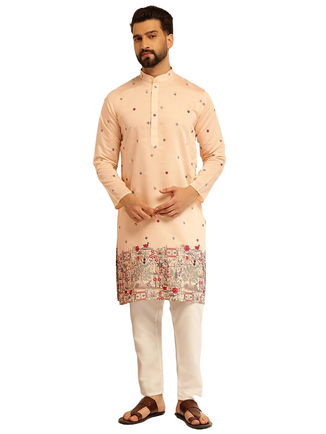SOJANYA (Since 1958 Men's Cotton Silk Daman Embroidered Peach Kurta With White Pyjama