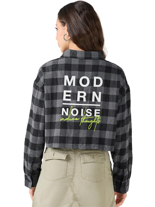 Bewakoof WomenS Checked Oversized Fit Full Sleeve Collared Neck Cotton Blend Cropped Shirt_617275_Black_S