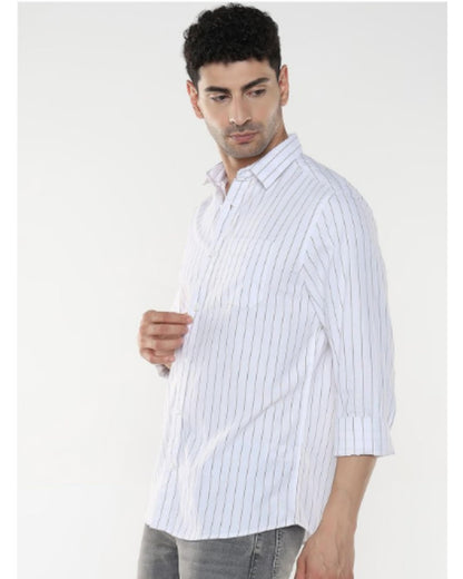 Mildin MenS White Pure Cotton Full Sleeve Spread Collar Regular Fit Striped Printed Formal Shirt With Patch Pocket (White Oxfor