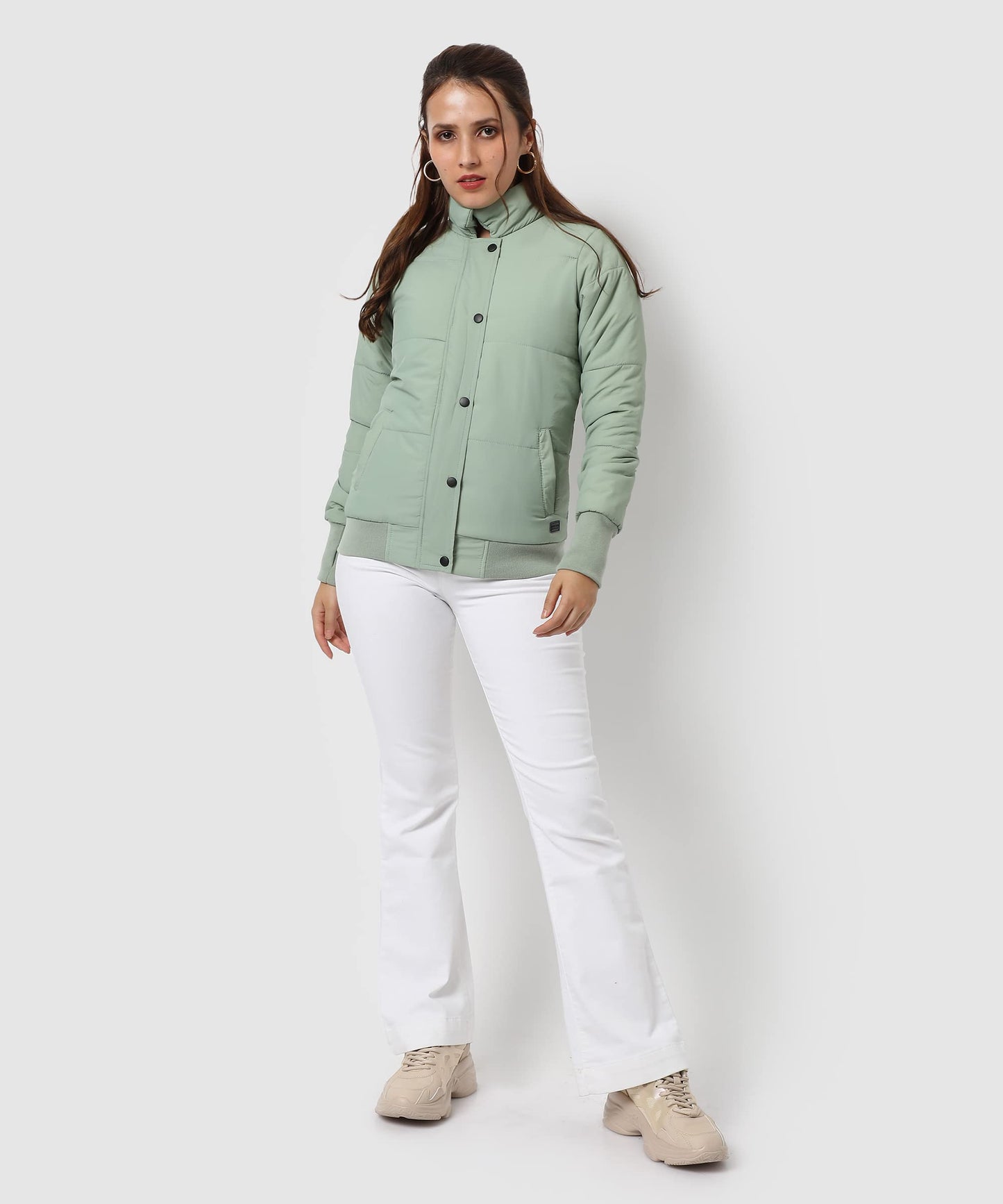 Campus Sutra Womens Light Green Puffer Regular Fit Bomber Jacket For Winter Wear | Standing Collar | Full Sleeve | Buttoned | C