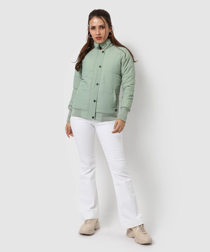 Campus Sutra Womens Light Green Puffer Regular Fit Bomber Jacket For Winter Wear | Standing Collar | Full Sleeve | Buttoned | C