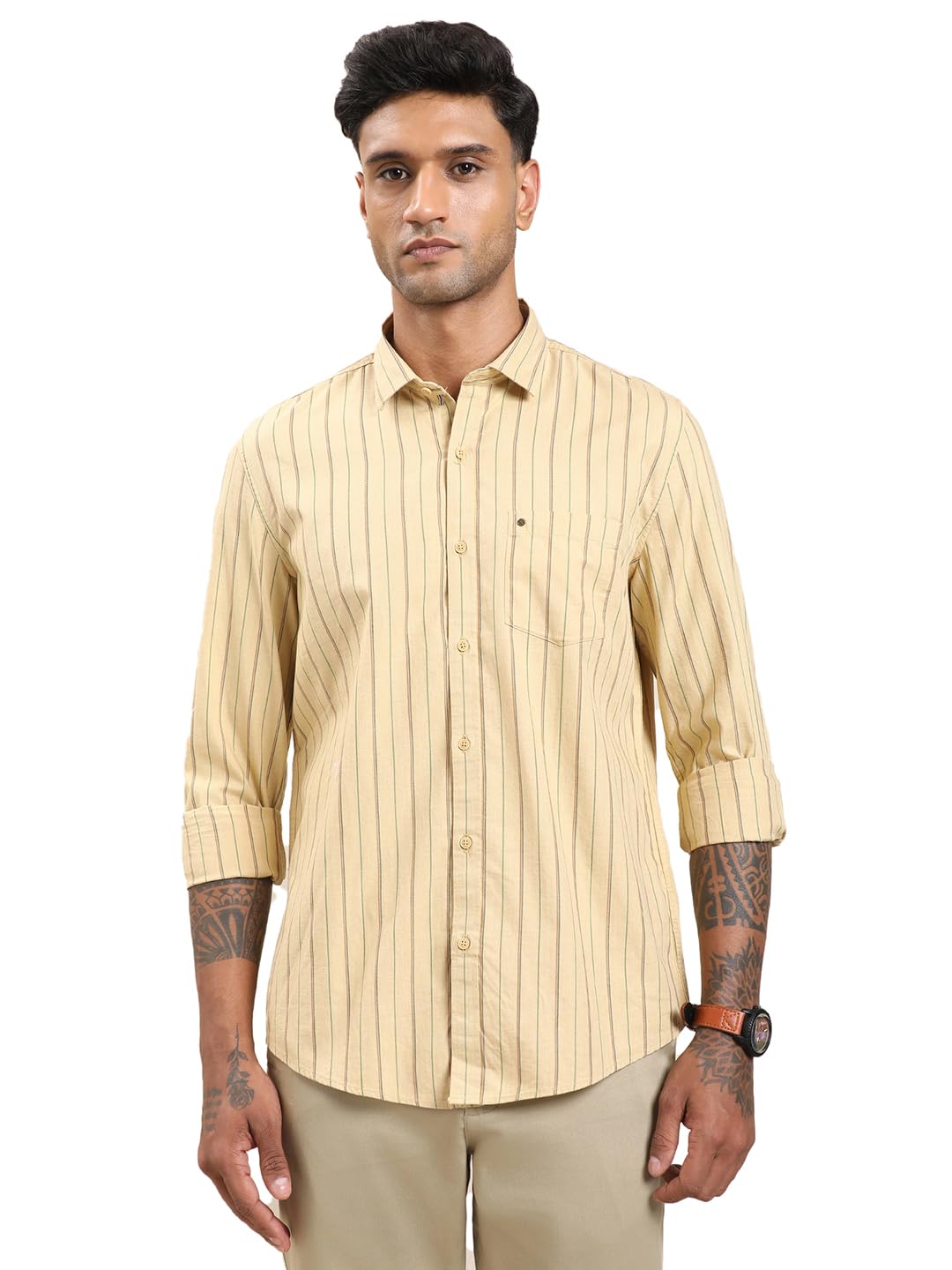 Turtle Men Beige Slim Fit Stripes Cotton Melange Casual Shirt