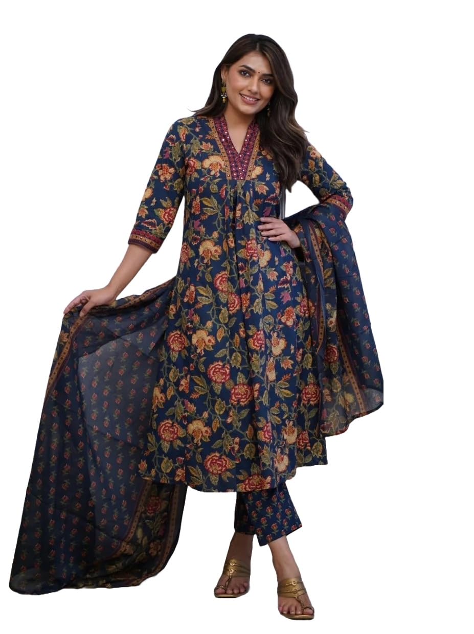 Nermosa Women Printed A-Line Kurta And Pant Set With Dupatta (In, Alpha, Xl, Blue)