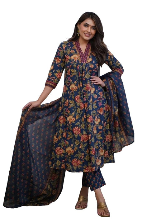 Nermosa Women Printed A-Line Kurta And Pant Set With Dupatta (In, Alpha, Xl, Blue)