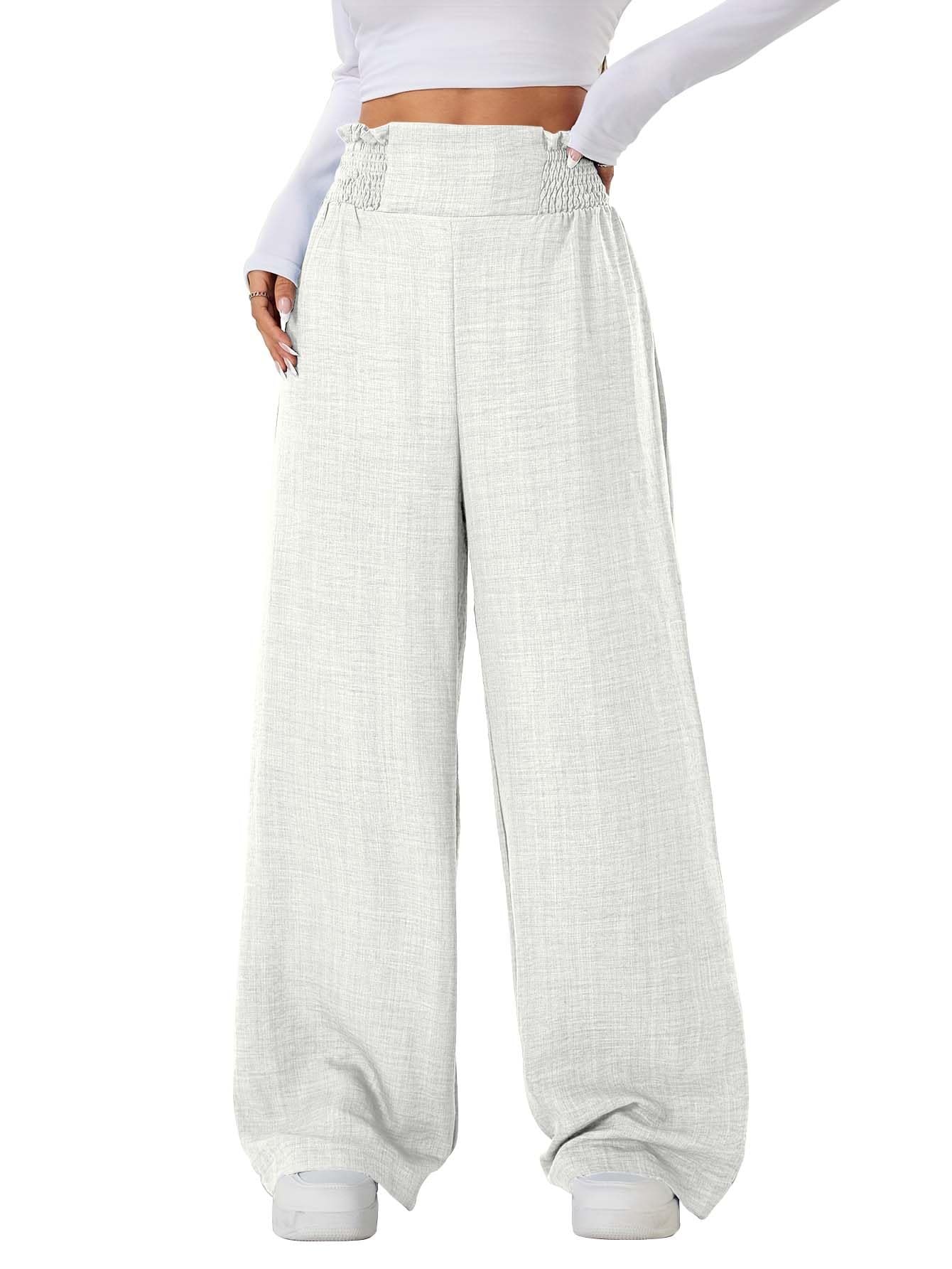 Sugathari Womens Off-White Casual Wide Leg Pants  High Waist Elastic Waistband Loose Fit Long Trousers | Lightweight Straight L