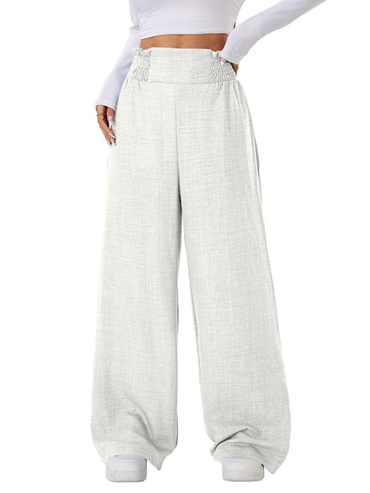 Sugathari Womens Off-White Casual Wide Leg Pants  High Waist Elastic Waistband Loose Fit Long Trousers | Lightweight Straight L