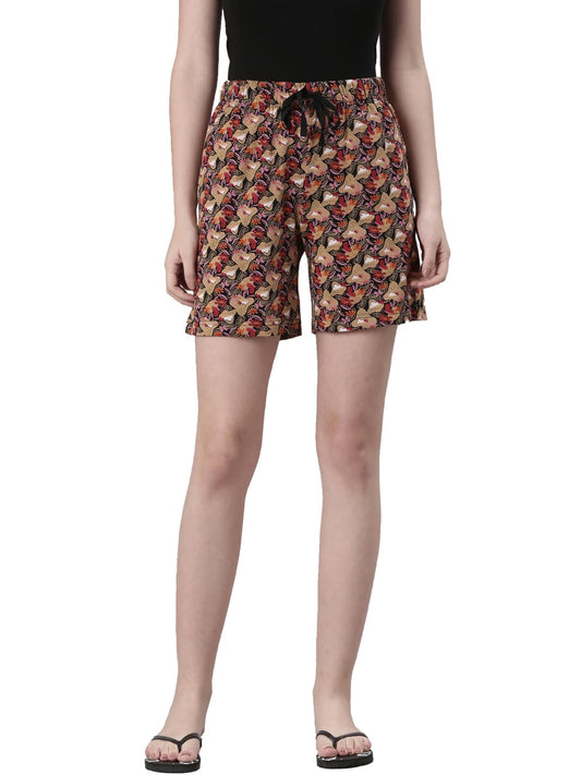 Rupa Colors Playsure Printed Shorts for Women, Leisurewear, Floral Printed Shorts, Loungewear Black