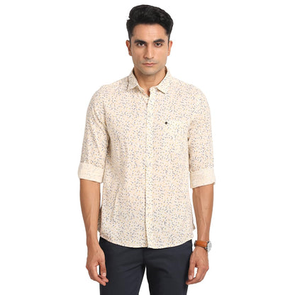 Turtle Men 100% Cotton Slim Fit Cream Printed Casual Shirt