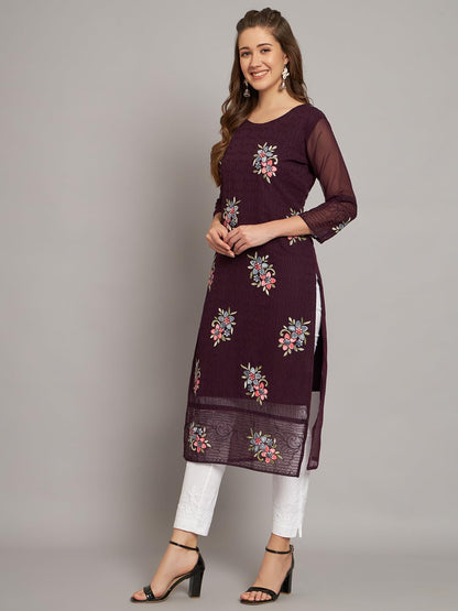 Ekasya WomenS Georgette Straight Cut Round Neck Kurta With Beautiful Floral Embroidery Work - Elegant Design, Comfortable Fit,