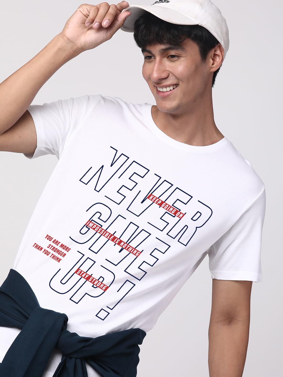 ADRO Never Give Up Printed T-Shirt for Men - 100% Cotton, Regular Fit, Soft Breathable Fabric. (RN23-M-NVR-WH_White)