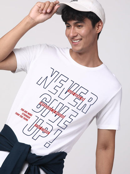 ADRO Never Give Up Printed T-Shirt for Men - 100% Cotton, Regular Fit, Soft Breathable Fabric. (RN23-M-NVR-WH_White)