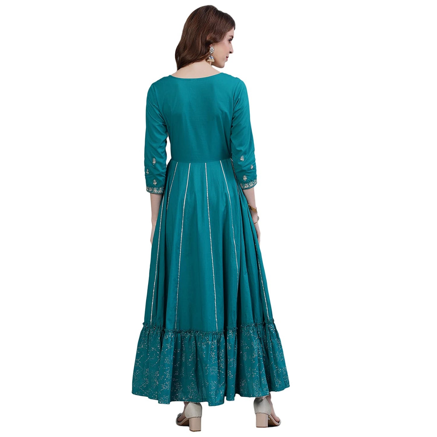 ishin Women's Cotton Anarkali Embellished Zari Embellished Print Teal Kurti
