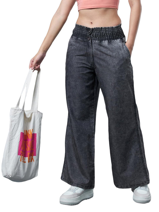 Bewakoof Womens Acid Washed Flared Fit Cotton Wide Leg Pants_585127_Grey_XS
