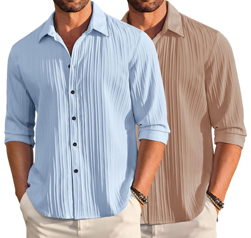 Deelmo Combo Of MenS Casual Button Down Shirts Long Sleeve Linen Shirt Fashion Textured Summer Shirts Pack Of 2