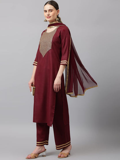 ANNI DESIGNER Women's Cotton Blend Straight Solid Kurta with Palazzo & Dupatta (Label-Nw)