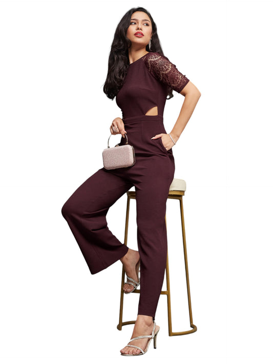 Miss Chase WomenS Half Sleeve Solid Waist Cut-Out Regular Length Pocketed Jumpsuit (Mcaw19D08-49-289-06, Dark Purple, Xl)