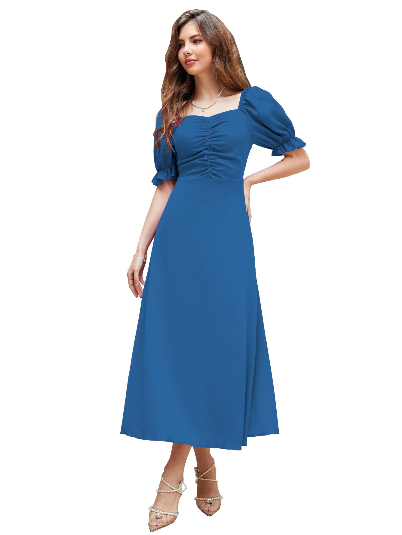 Shasmi GirlS & WomenS Solid Morpeach A-Line Ruched Puff Sleeve Maxi Long Evening One Piece Long Dress For Women Stylish (Dress