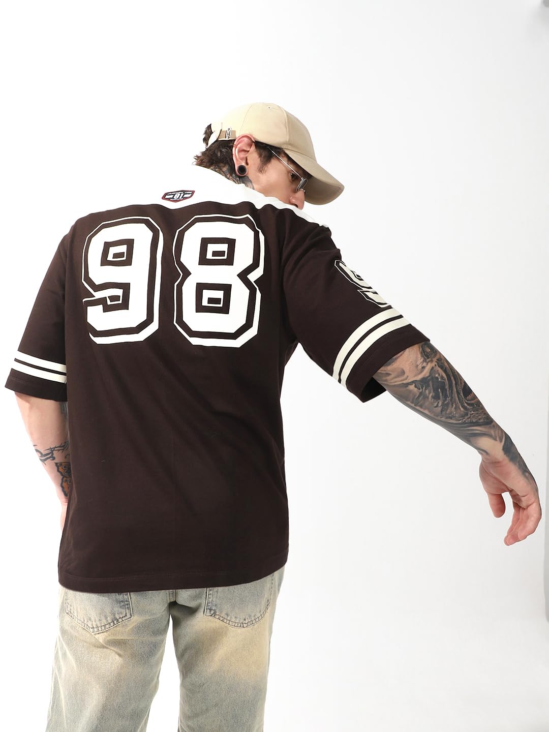 Hubberholme Men Cotton Terry Printed Oversized Round Neck Half Sleeves Tshirts 12 Brown