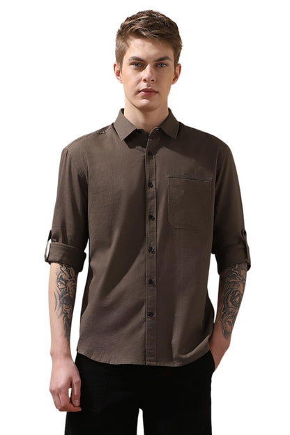 Dennis Lingo Men Regular Fit Brown Full Sleeves Cotton Casual Shirt