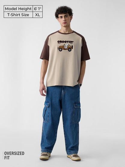 The Souled Store Ottoman: Peanuts Groovin Men and Boys Short Sleeves Round Neck Brown Embroidered Cotton Oversized T-Shirts