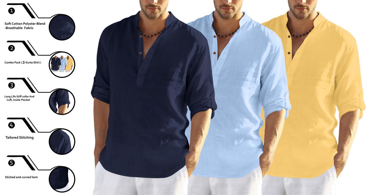 Finivo Fashion MenS Cotton Blend Regular Fit Solid Combo Kurta Shirt Pack Of 3